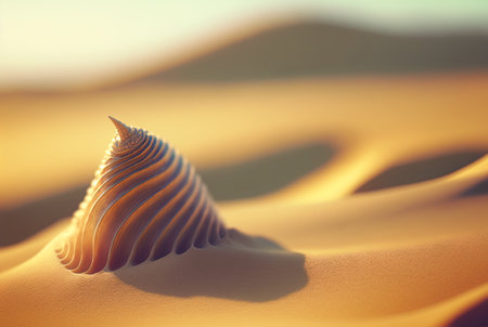 Surreal shell on the beach. Abstract clam with filigree shape on the sand. Generated AI.の素材