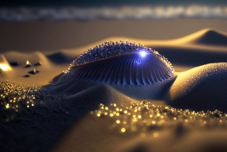 Abstract fantasy shell on the beach. Surreal seashell on the alien planet landscape. Generated AIの素材