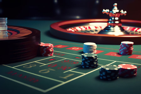 Casino concept with abstract gambling objects. Dark casino room with roulette, cards and dices. Generative AI.の素材