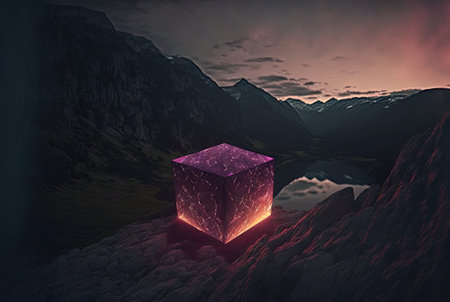 Mysterious glass cube on the natural landscape. Shiny mystic geometric object on abstract background. Generated AI.の素材