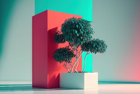Abstract colorful interior with plants and minimalistic decorations. Vivid colored architectural background. Generated AI.の素材