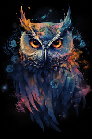 Wild owl in the forest. Colorful realistic style, wildlife element. Generated AI..の素材