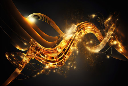 Technology abstract with shiny data wave flow. Science concept with glowing wires connected on futuristic background. Generated AI.の素材