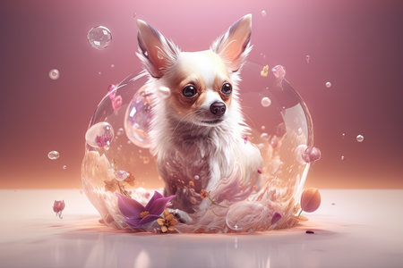 Tiny dog portrait. Cute fluffy puppy with big eyes. Generated AIの素材