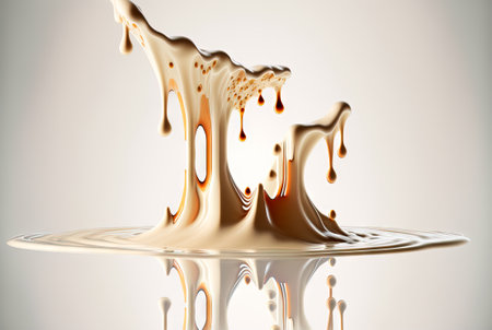 Milk splash with drops flying away. Splasj crown in the white milk. Generated AIの素材