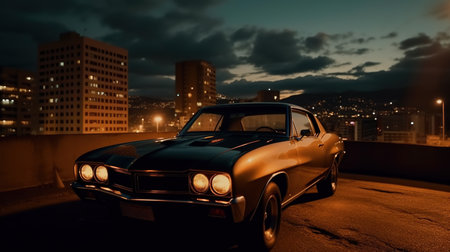 Vintage muscle car parked on the street at night. 80s styled synthwave retro scene with powerful drive in evening. Generated AIの素材