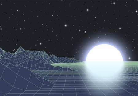 Retro futuristic landscape with mountains and sun in deep space. 80s styled synthwve landscape with sunrise over alien planetのイラスト素材