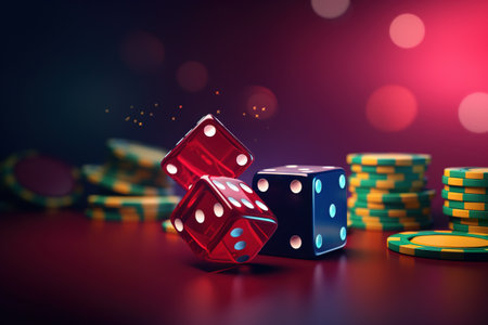 Casino concept with abstract gambling objects. Dark casino room with roulette, cards and dices. Generative AIの素材