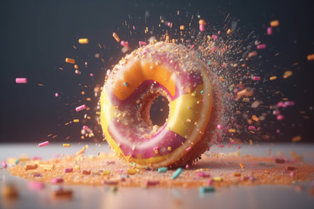 Donut expressive shot with topping and sugar powder splash. Tasty donut food styling image. Generative AIの素材