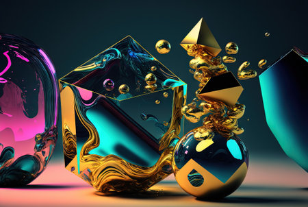 Abstract background with free 3D golden shapes, flowing and melting in surreal motion. Soft splashing abstract forms background with blue and purple crystal inclusion. Generated AIの素材