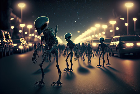 Alien crowd on the street. Monster invaders in sci-fi scene. Generated AIの素材