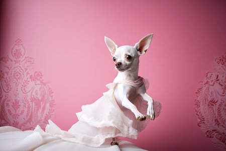 Little cute dog chihuahua in pink room with laces. Generated AIの素材