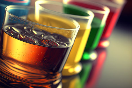Club cocktails on the table with light. Colorful juicy drinks in glasses. Generated AIの素材