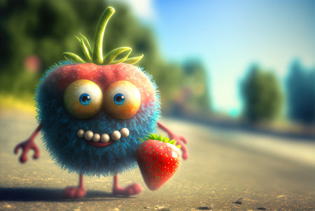 Funny exotic fruit monster. Cute juicy character with expressing freshness and fun. Generated AIの素材