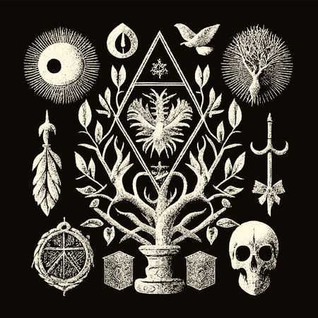 Occult symbols composition in dotwork style. Abstract mystic elements, Skull, candles and sacred triangle with eye in retro flat lay composition.のイラスト素材