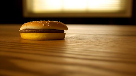 Juicy tasty hamburger on the table. Fast food image of a burger with grilled meat. Generated AIの素材