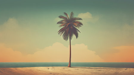 Palm tree on the sand of the beach. Vacation scene with palm on the shore line. Generative AIの素材