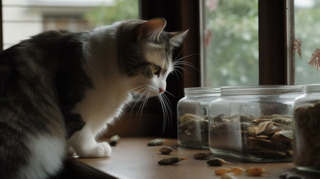 Cute cat watching the fish. Funny kitten sniffing the fish. Generated AIの素材