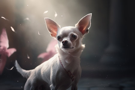 Little cute dog chihuahua in pink room with laces. Generated AIの素材