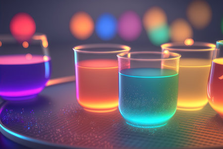 Club cocktails on the table with light. Colorful juicy drinks in glasses. Generated AIの素材