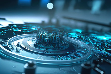 Abstract science and technology background with shiny connection elements and sci-fi intefrace. Tech abstraction wallpaper. Generated AIの素材