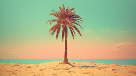 Palm tree on the sand of the beach. Vacation scene with palm on the shore line. Generative AIの素材
