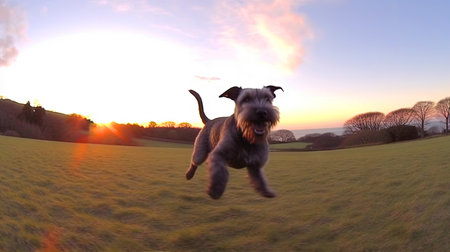 Cute puppy playing outside. Lifestyle dynamic dog photo in casual camera style. Generated AIの素材