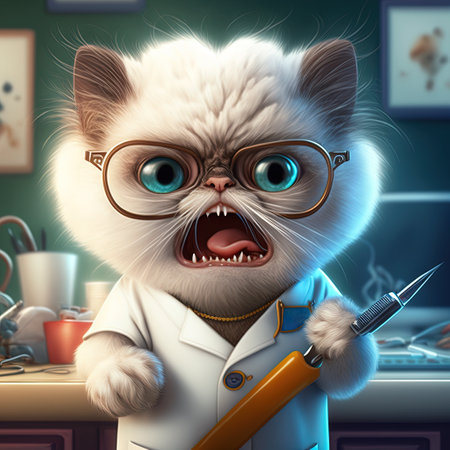 Funny dentist cat. Cute kitten in doctor costume with dentistry and hygiene tools. Generative AIの素材