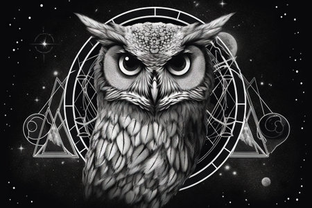 Wild owl with mystic design elements. Occult wise bird black and white symbol in vintage style. Generated AI.の素材