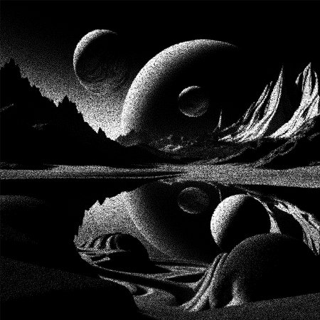 Alien planet landscape in retro dotwork style. Planets and satellites over unknown planet in space....