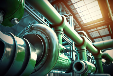 Background with shiny factory pipes. Industrial pipeline communications, technology abstract. Generated AIの素材