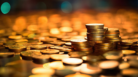 Money concept background with stacks of golden coins. Finance abstract with yellow coins. Generated AIの素材