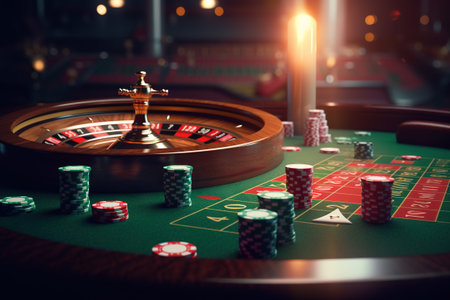 Casino concept with abstract gambling objects. Dark casino room with roulette, cards and dices. Generative AIの素材