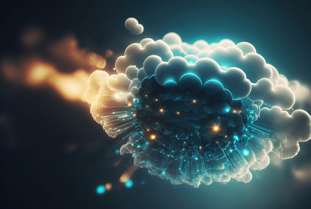 Cloud computing concept with digital cloud of remote connections of internet user data. Data storage in modern web. Generated AIの素材