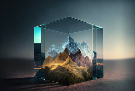 Mysterious glass cube on the natural landscape. Shiny mystic geometric object on abstract background. Generated AIの素材