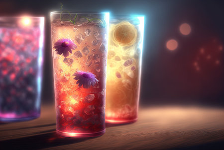 Club cocktails on the table with light. Colorful juicy drinks in glasses. Generated AIの素材
