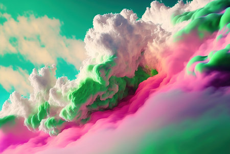 Abstract sweet foam clouds with splashing forms and drops. Colorful foam cloud ro sweet cotton background. Generated AIの素材