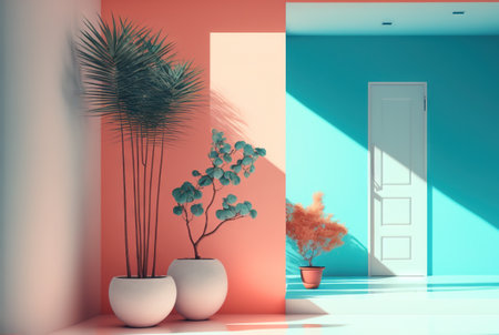 Abstract colorful interior with plants and minimalistic decorations. Vivid colored architectural background. Generated AIの素材