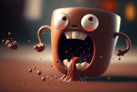 Coffee monster with crazy eyes. Cute character with caffeine energy, very excited. Generated AIの素材