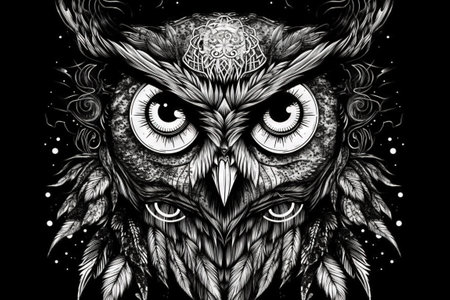 Wild owl with mystic design elements. Occult wise bird black and white symbol in vintage style. Generated AI.の素材
