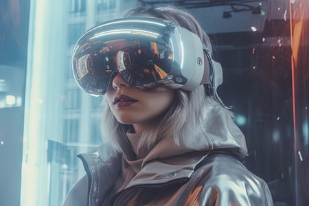 VR goggles technology concept with wearable glasses device. Virtual reality futuristic immersive experience. Generated AIの素材