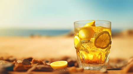 Glass with lemon water in the sand of the beach. Vacation scene with lemonade glass on the shore line. Generative AI.の素材