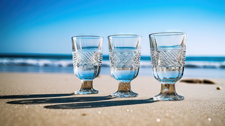 Glass with water in the sand of the beach. Vacation scene with glass on the shore line. Generative AI.の素材