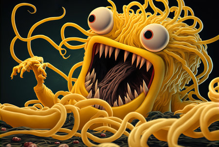 Funny monster spaghetti. Cute pasta, noodle or ramen character with crazy funny face. Generated AIの素材