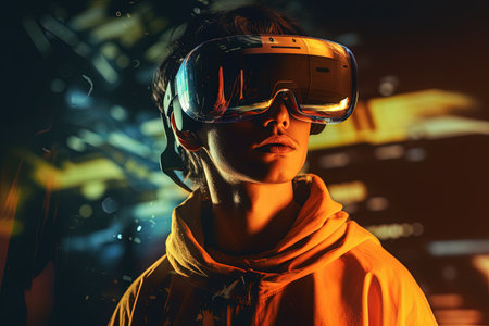 VR goggles technology concept with wearable glasses device. Virtual reality futuristic immersive experience. Generated AIの素材