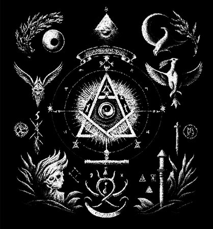 Occult symbols composition in dotwork style. Abstract mystic elements, floral wreath and sacred triangle in retro flat lay composition.のイラスト素材