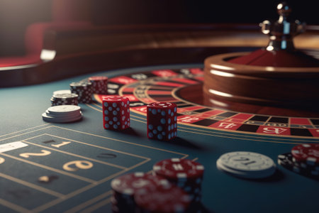 Casino concept with abstract gambling objects. Dark casino room with roulette, cards and dices. Generative AIの素材