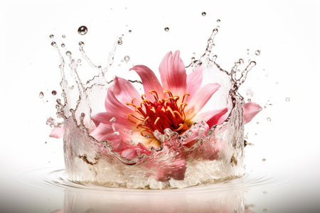Flower in splashing water. Floral freshness concept with water drops for cosmetic, moisture and self-care packaging. Generated AIの素材