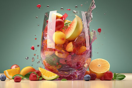Glass of juice with fruits and berries on the table. Drink splash of sweet organic cocktail. Generated AIの素材