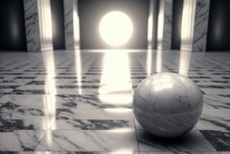 Abstract marble room with shiny lights. Interior view with marble background and scenic lightning. Generated AIの素材